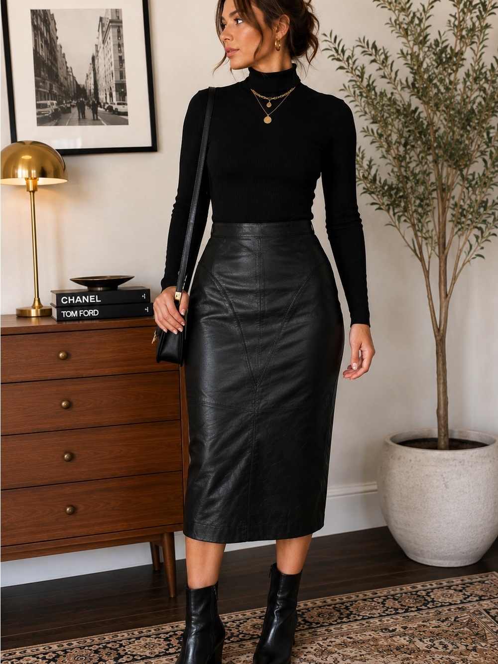 Vintage G-III Leather Black Midi Pencil Skirt 13/14 28” Waist 80s 90s